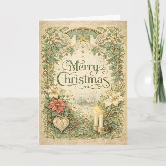 Vintage White Dove Christmas Wreath  Feiertagskarte (Vorderseite)