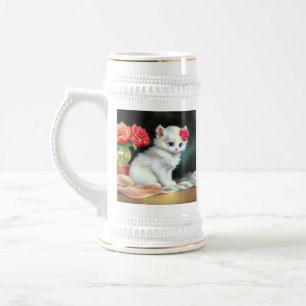 Vintage White Kitten Illustration mit roten Blume Bierglas