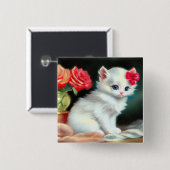 Vintage White Kitten Illustration mit roten Blume Button (Vorne & Hinten)