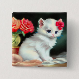 Vintage White Kitten Illustration mit roten Blume Button