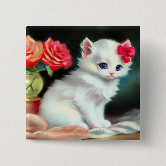 Vintage White Kitten Illustration mit roten Blume Button (Vorderseite)