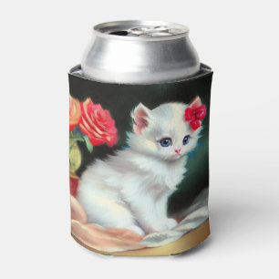 Vintage White Kitten Illustration mit roten Blume Dosenkühler