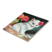 Vintage White Kitten Illustration mit roten Blume Fliese (Seite)