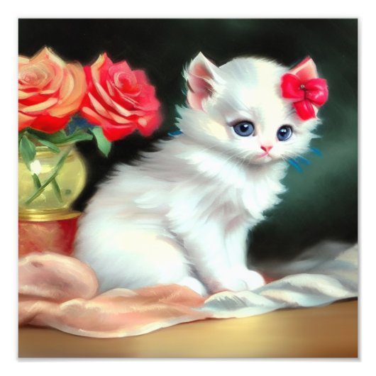 Vintage White Kitten Illustration mit roten Blume Fotodruck (Vorne)