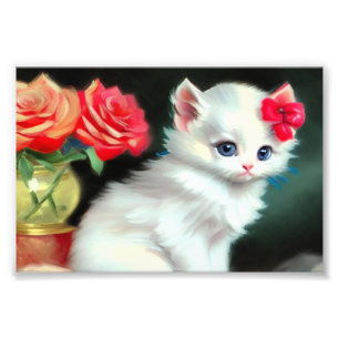 Vintage White Kitten Illustration mit roten Blume Fotodruck