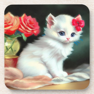 Vintage White Kitten Illustration mit roten Blume Getränkeuntersetzer