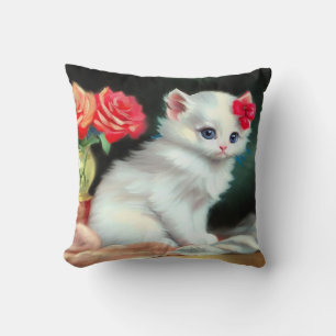 Vintage White Kitten Illustration mit roten Blume Kissen