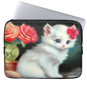 Vintage White Kitten Illustration mit roten Blume Laptopschutzhülle