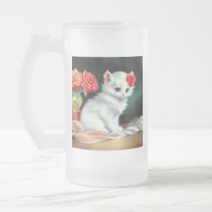 Vintage White Kitten Illustration mit roten Blume Mattglas Bierglas