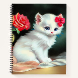 Vintage White Kitten Illustration mit roten Blume Notizblock