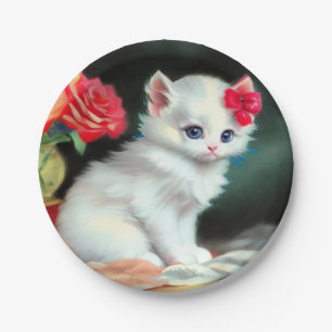 Vintage White Kitten Illustration mit roten Blume Pappteller