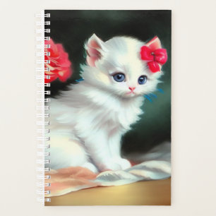 Vintage White Kitten Illustration mit roten Blume Planer