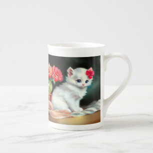 Vintage White Kitten Illustration mit roten Blume Porzellantasse