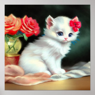 Vintage White Kitten Illustration mit roten Blume Poster