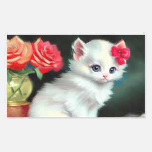 Vintage White Kitten Illustration mit roten Blume Rechteckiger Aufkleber
