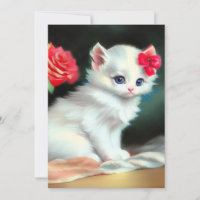 Vintage White Kitten Illustration mit roten Blume