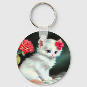 Vintage White Kitten Illustration mit roten Blume Schlüsselanhänger