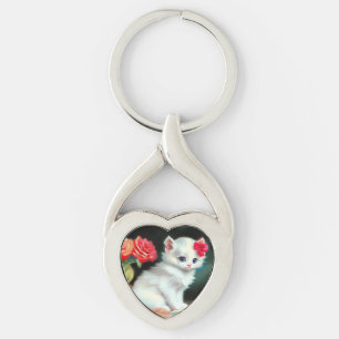Vintage White Kitten Illustration mit roten Blume Schlüsselanhänger