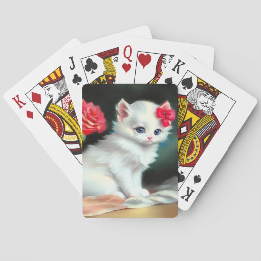 Vintage White Kitten Illustration mit roten Blume Spielkarten (Rückseite)