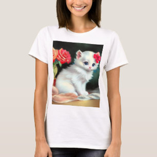 Vintage White Kitten Illustration mit roten Blume T-Shirt