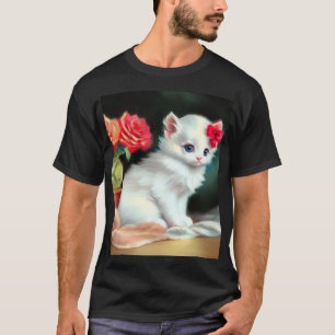 Vintage White Kitten Illustration mit roten Blume T-Shirt