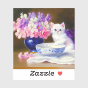 Vintage White Kitten mit Lila Band Aufkleber