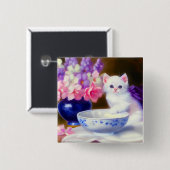 Vintage White Kitten mit Lila Band Button (Vorne & Hinten)