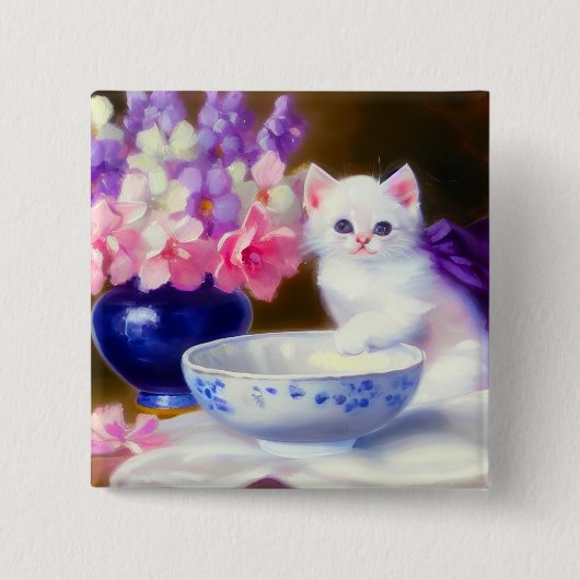 Vintage White Kitten mit Lila Band Button (Vorderseite)