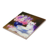 Vintage White Kitten mit Lila Band Fliese (Seite)