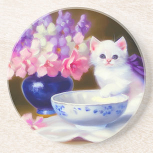Vintage White Kitten mit Lila Band Getränkeuntersetzer