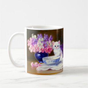 Vintage White Kitten mit Lila Band Kaffeetasse
