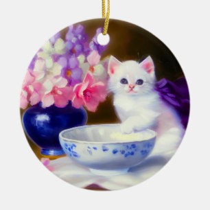 Vintage White Kitten mit Lila Band Keramik Ornament