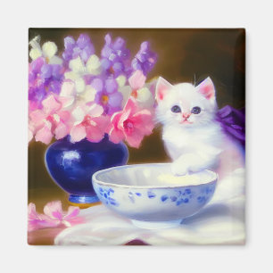Vintage White Kitten mit Lila Band Magnet