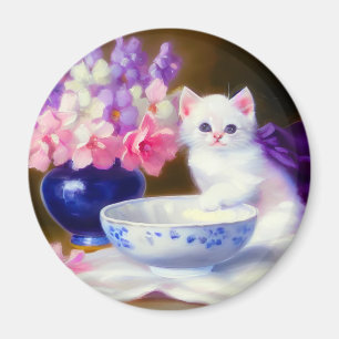 Vintage White Kitten mit Lila Band Magnet