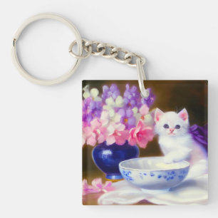 Vintage White Kitten mit Lila Band Schlüsselanhänger
