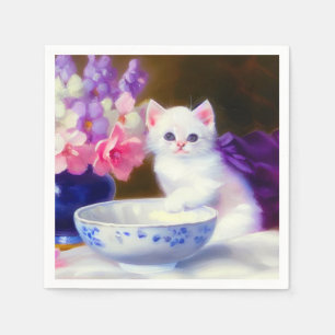 Vintage White Kitten mit Lila Band Serviette