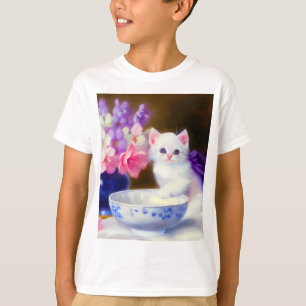 Vintage White Kitten mit Lila Band T-Shirt