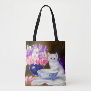 Vintage White Kitten mit Lila Band Tasche