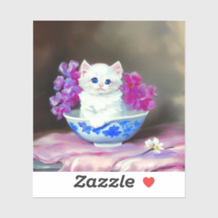 Vintage White Kitten mit rosa Blume Aufkleber