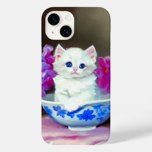 Vintage White Kitten mit rosa Blume Case-Mate iPhone 14 Hülle