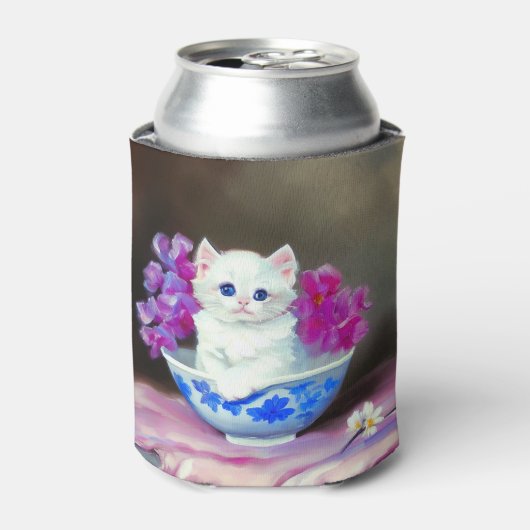 Vintage White Kitten mit rosa Blume Dosenkühler (Kanne Vorderseite)