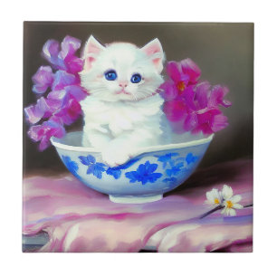 Vintage White Kitten mit rosa Blume Fliese