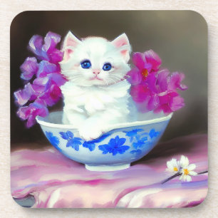 Vintage White Kitten mit rosa Blume Getränkeuntersetzer