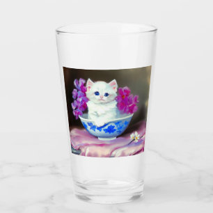 Vintage White Kitten mit rosa Blume Glas