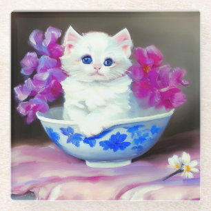 Vintage White Kitten mit rosa Blume Glasuntersetzer