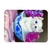 Vintage White Kitten mit rosa Blume Magnet (Horizontal)