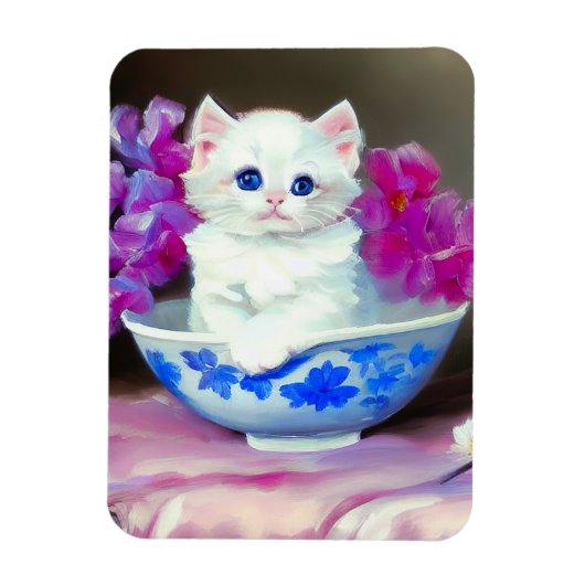 Vintage White Kitten mit rosa Blume Magnet (Vertikal)
