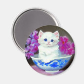 Vintage White Kitten mit rosa Blume Magnet (Vorderseite/Rückseite)
