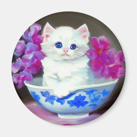 Vintage White Kitten mit rosa Blume Magnet (Vorne)