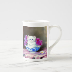 Vintage White Kitten mit rosa Blume Porzellantasse